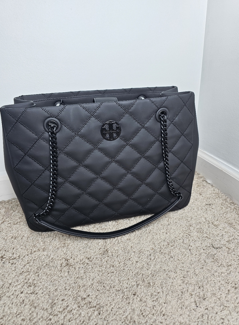 Tory Burch Black Quilted Tote Bag Purse - Picture 3 of 9
